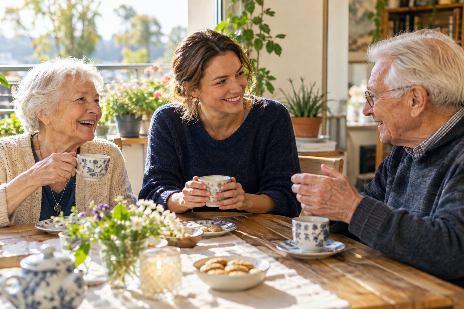 KI-generiertes Bild gemeinsamer Gesellschaft bei Tee und Gespräch.